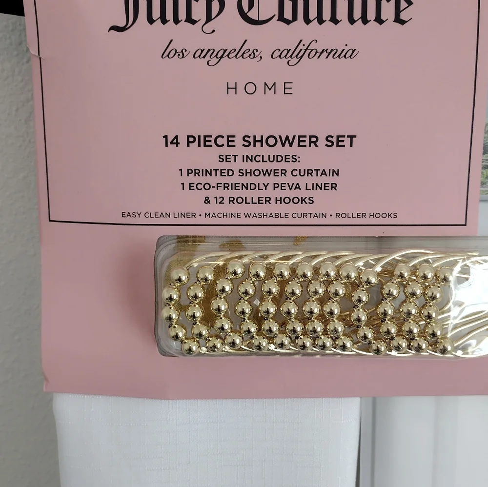 JUICY COUTURE SHOWER CURTAIN 14 PIECE  SET GOLD CROWN SHOWER CURTAIN SET NEW